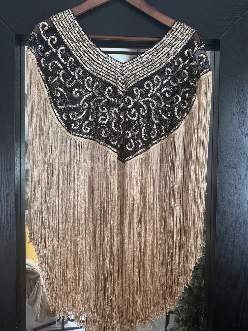 Beaded Fringe V-Neck Evening Shawl